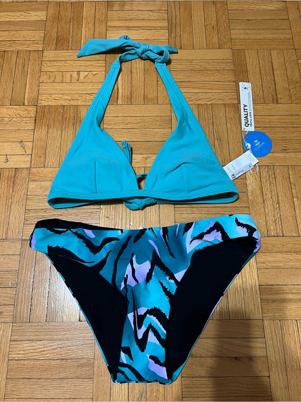 Cupshe Teal Halter Bikini Set with Black & Lavender Print